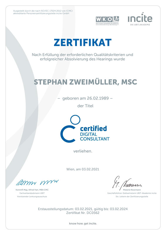 Zertifikat Zertifizierter Digital Consultant von Stephan Zweimüller