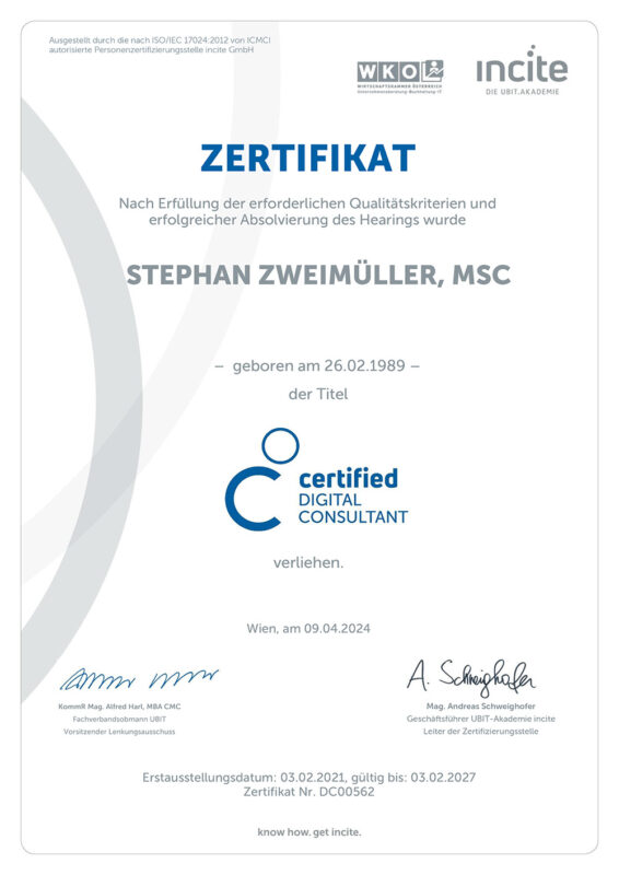 Zertifizierung digital consultant 2024 - Stephan Zweimüller